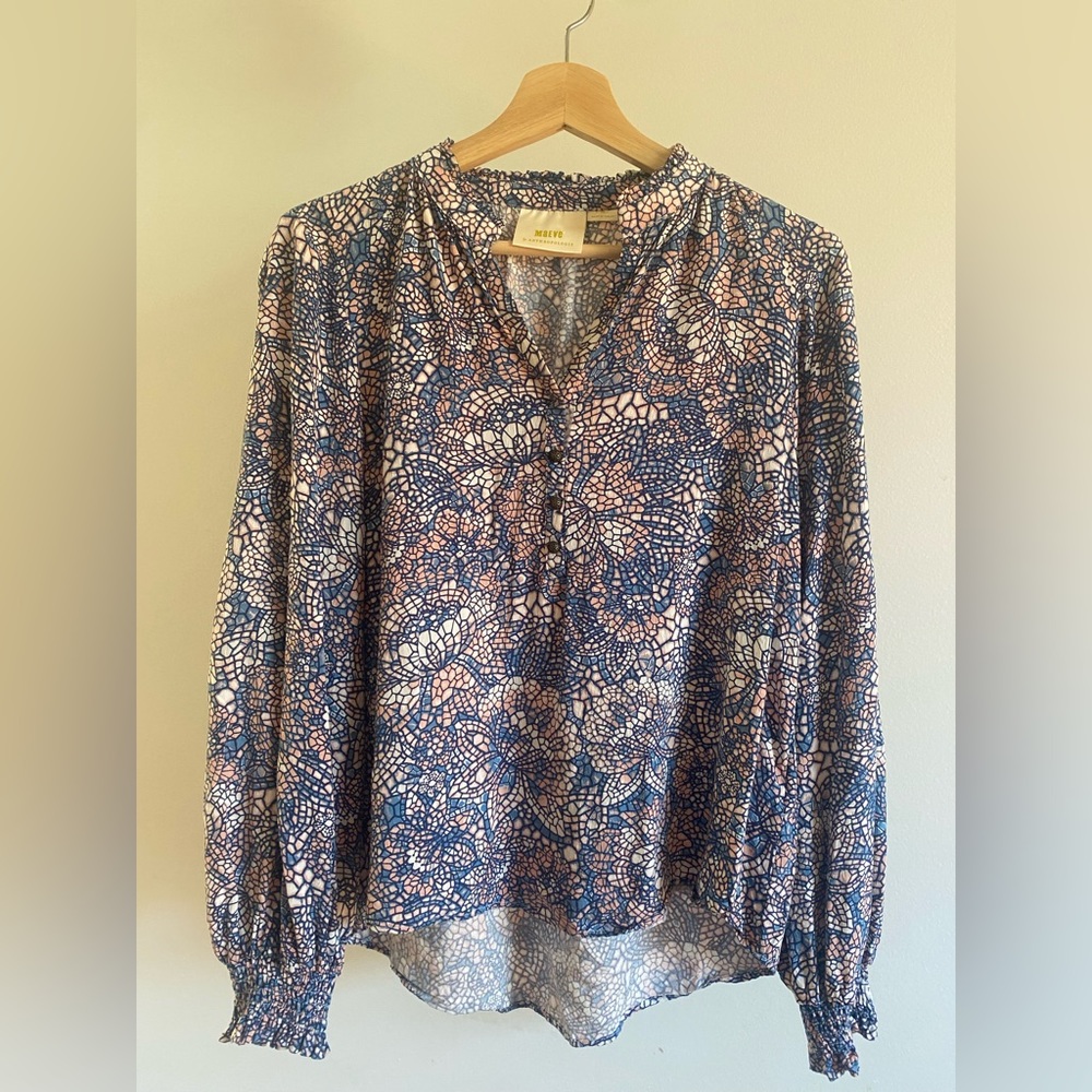 Maeve for Anthropologie Top | Blue, Pink, White Stained Glass Pattern